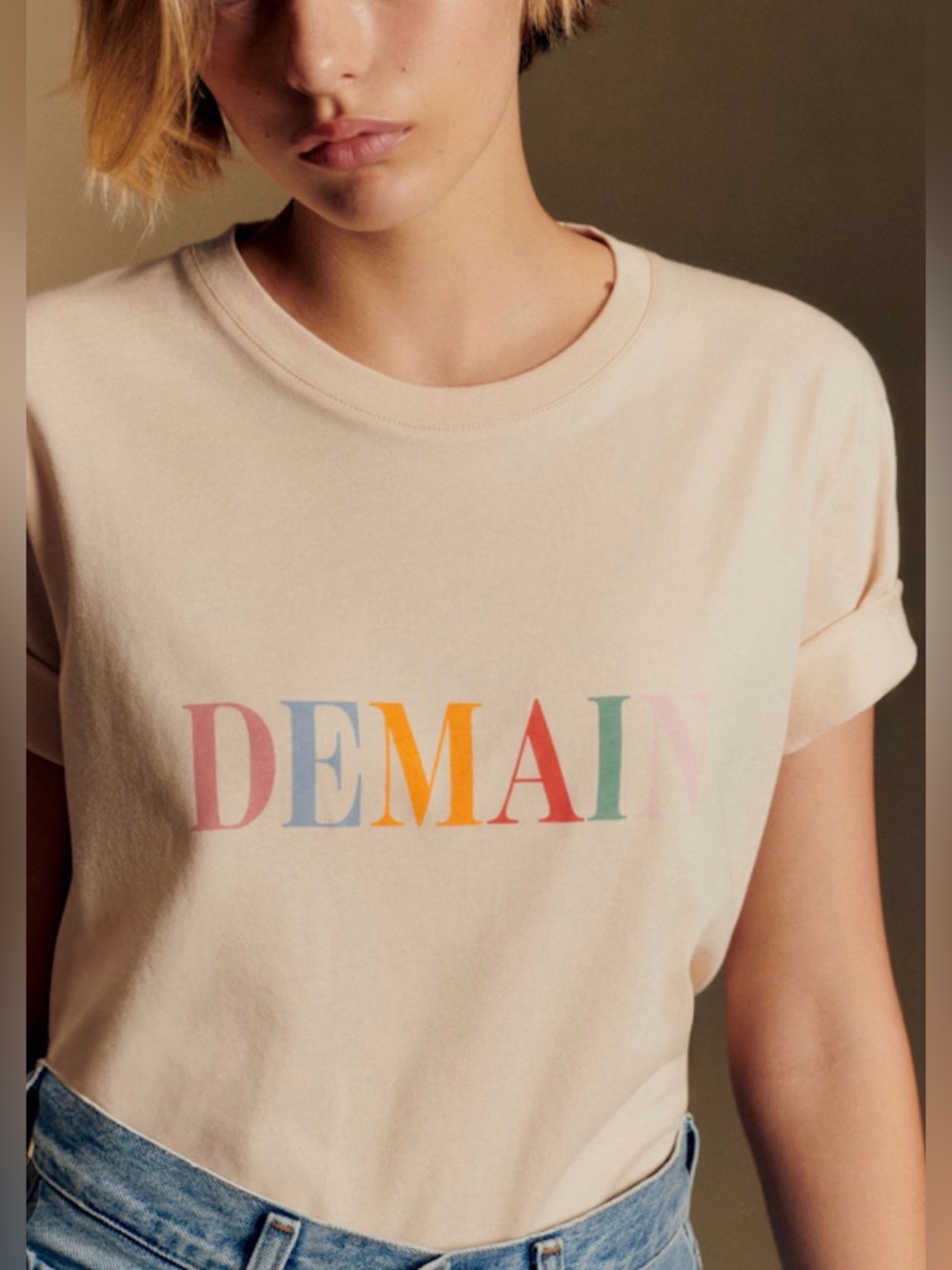 Sezane White Tee with Multicolor 'DEMAIN' Print